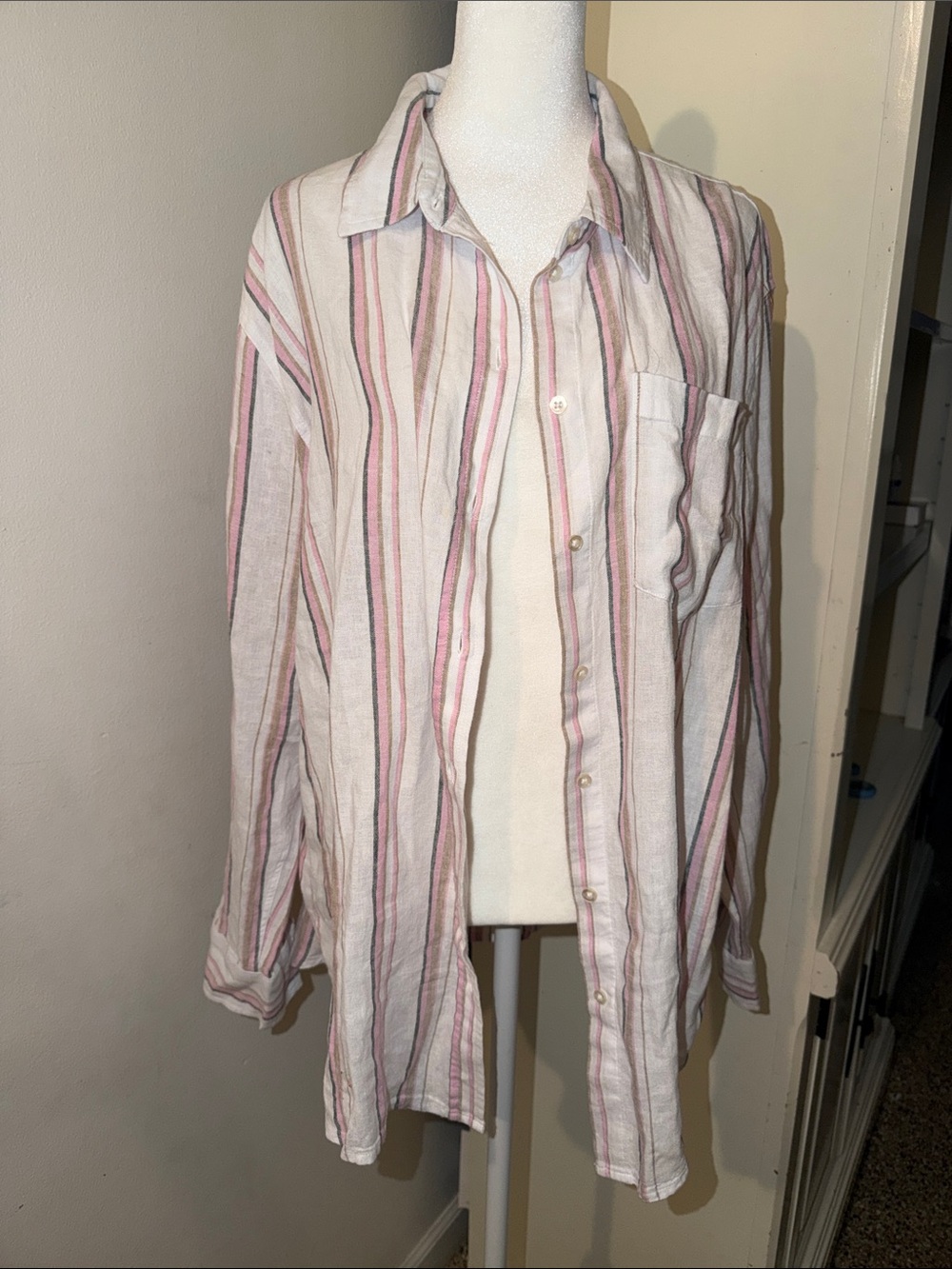GAP Striped Button-Up Shirt in White, Pink & Brown